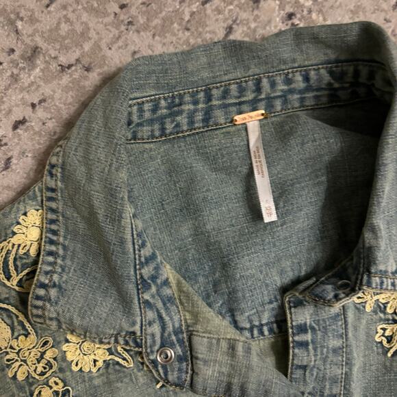 Free People Delores Denim Embroidered Button Down Top - Picture 4 of 6